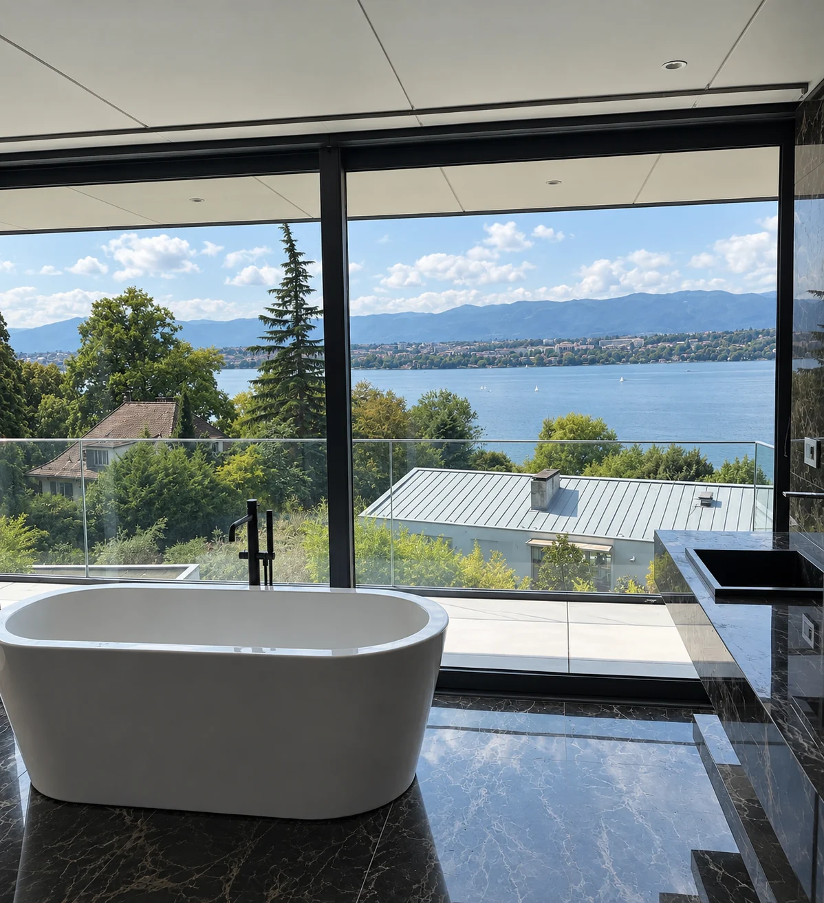 Salle de bain en marbre noir avec baignoire îlot, vue sur le lac